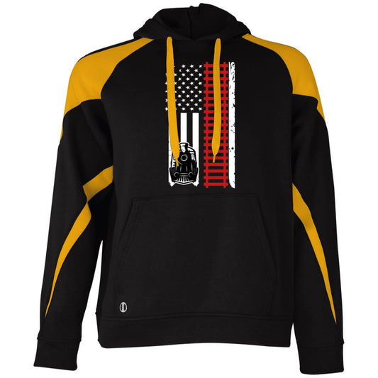 Patriotic Locomotive & Tracks Athletic Colorblock Fleece Hoodie