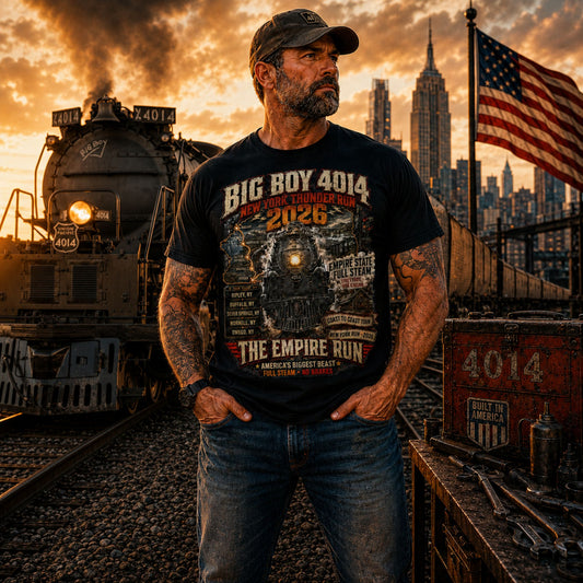 Man wearing a Black t-shirt featuring a highly detailed graphic of the Big Boy 4014 steam locomotive backed by a map of New York state. Text reads "BIG BOY 4014", "NEW YORK THUNDER RUN 2026", "THE EMPIRE RUN", alongside banners for "EMPIRE STATE FULL STEAM" and "COAST TO COAST TOUR", plus a detailed roster of five New York tour stops: Ripley, Buffalo, Silver Springs, Hornell, and Owego. In front of a steam locomotive with a city skyline in the background.