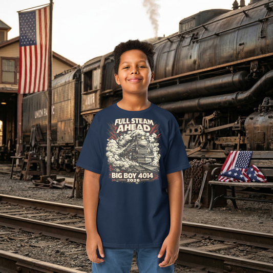 Child wearing a 'Full Steam Ahead' t-shirt in front of a steam locomotive with American flags.