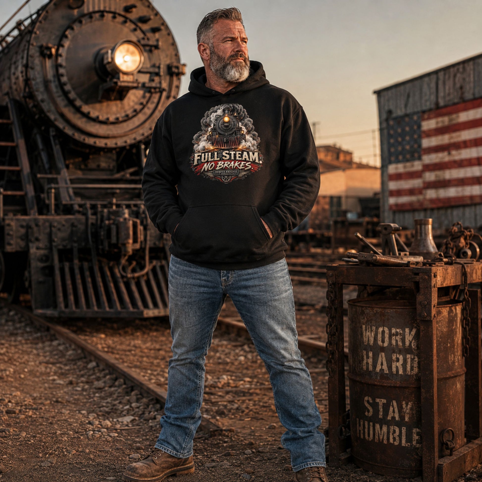 A bearded man wearing a black hoodie with a 'Full Steam No Brakes' dog graphic stands on railroad tracks in an industrial yard with a vintage train, a wooden barrel, and an American flag in the background.