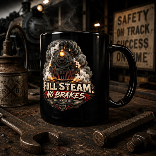 A black ceramic mug with a vintage steam train graphic and the text 'FULL STEAM. NO BRAKES.