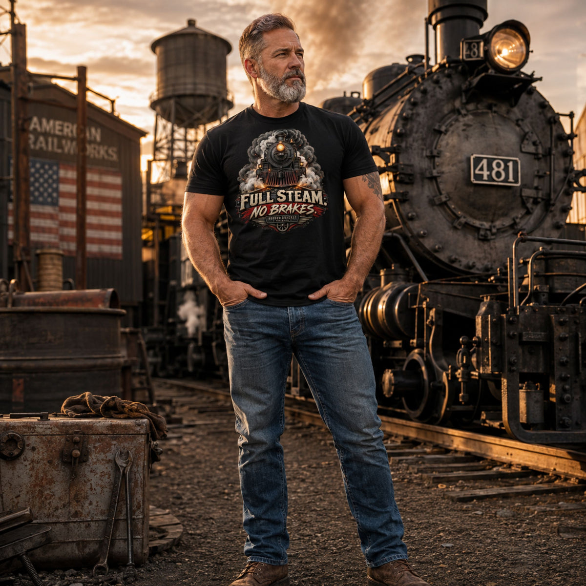 A man with a graying beard stands in a train yard wearing a black graphic t-shirt that reads 'Full Steam No Brakes' with a vintage locomotive illustration, paired with blue jeans. A large black steam locomotive and a water tower are visible in the background under a warm sunset sky.