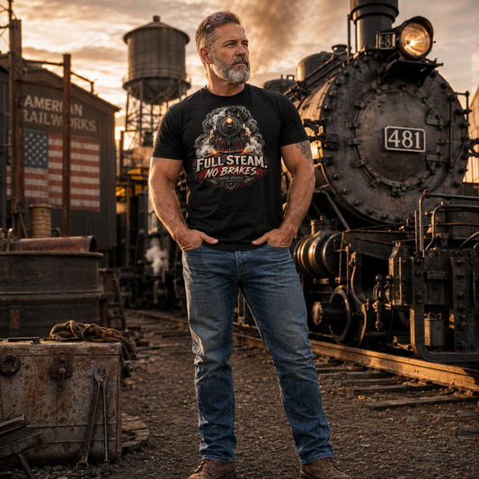A man with a graying beard stands in a train yard wearing a black graphic t-shirt that reads 'Full Steam No Brakes' with a vintage locomotive illustration, paired with blue jeans. A large black steam locomotive and a water tower are visible in the background under a warm sunset sky.