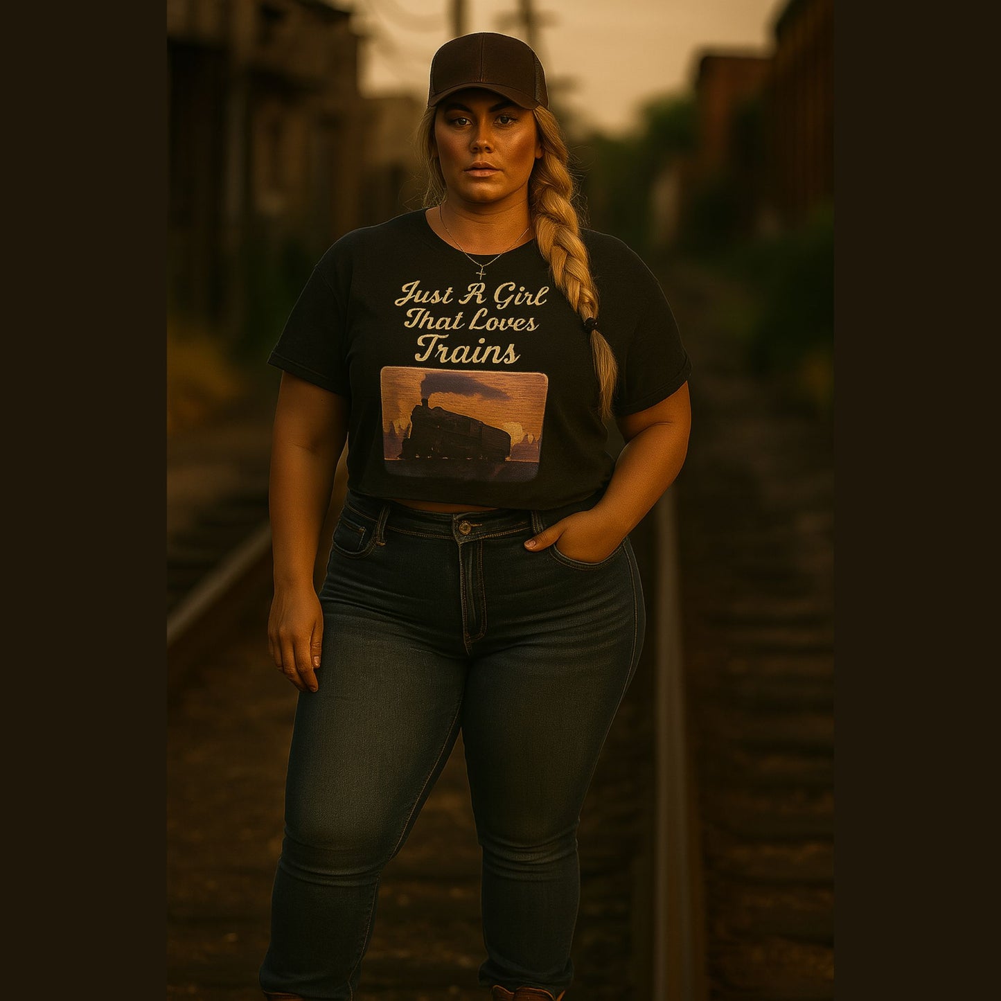 Woman wearing a black t-shirt with a graphic and text, standing on train tracks.