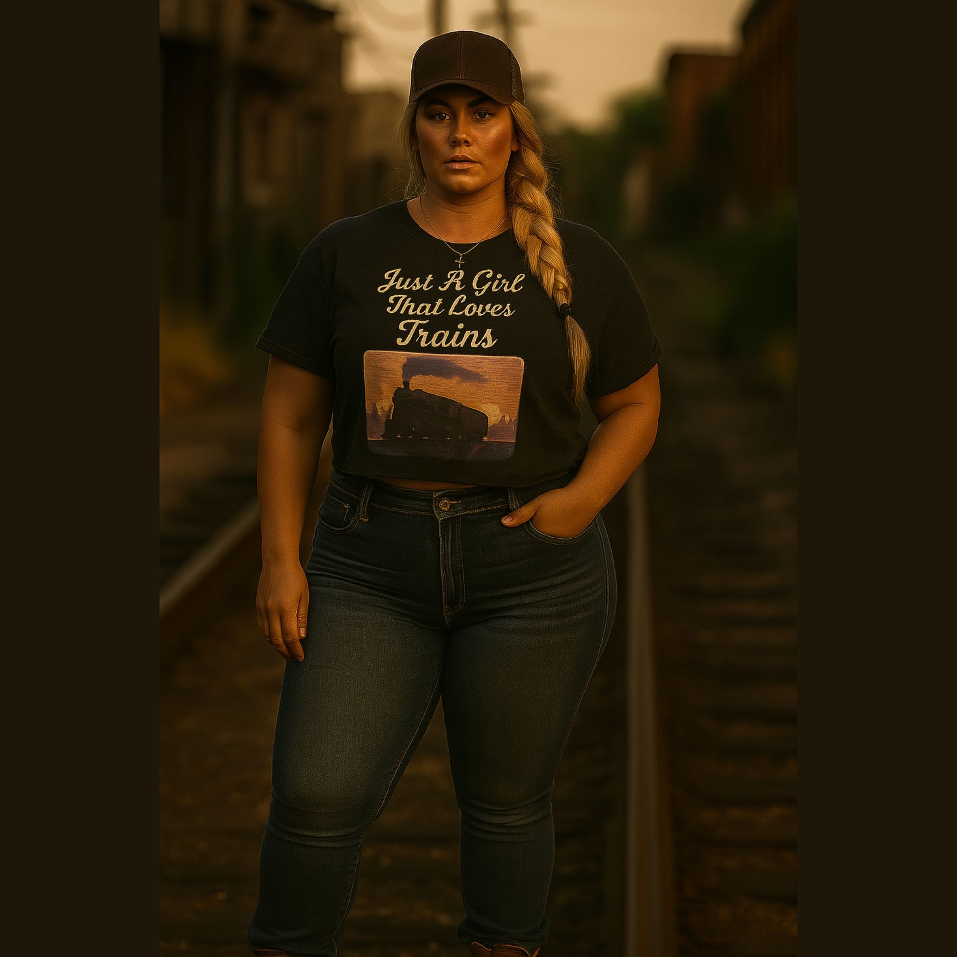 Woman wearing a black t-shirt with a graphic and text, standing on train tracks.