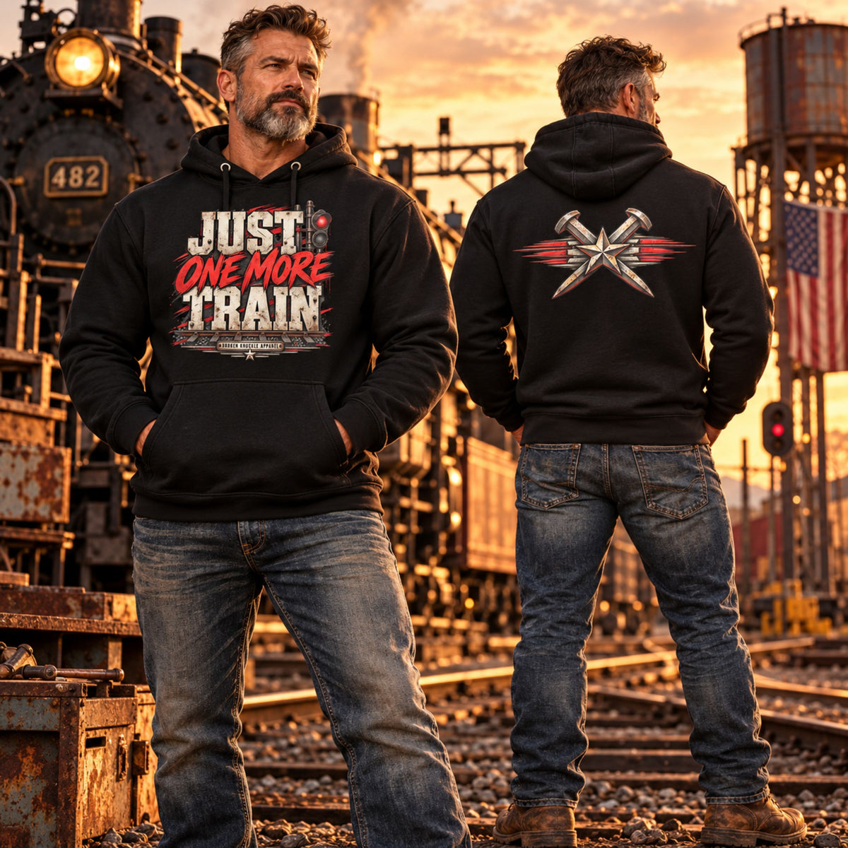 Just One More Train Grunge premium hoodie modeled front and back at a sunset railroad yard, featuring distressed typography and crossed-spikes emblem