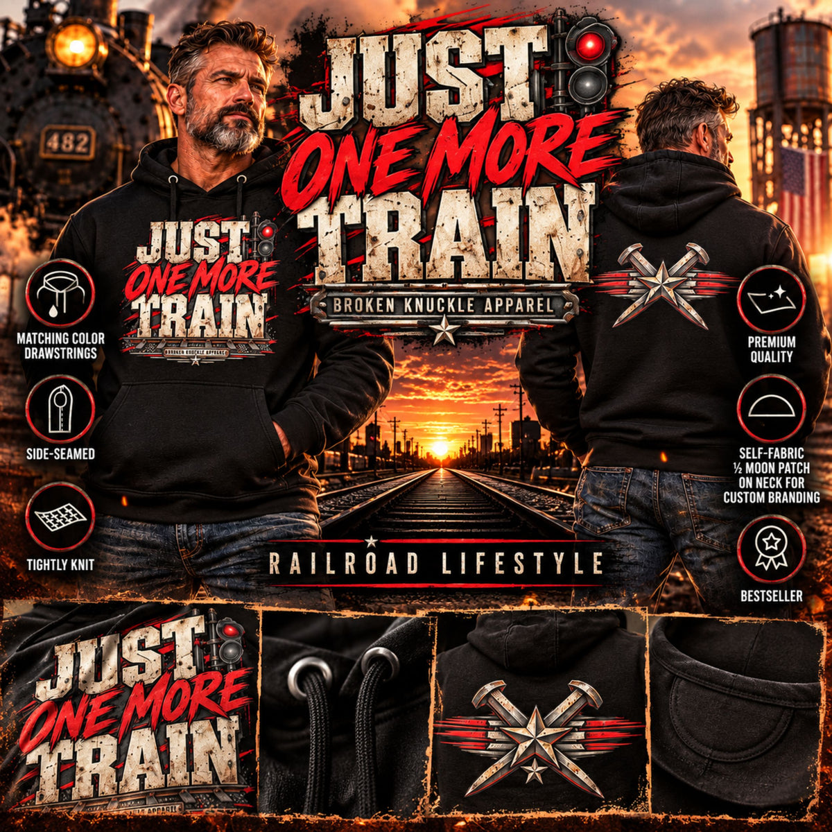 Just One More Train Grunge premium railroad hoodie social showcase showing front typography graphic, matching back emblem and hoodie features