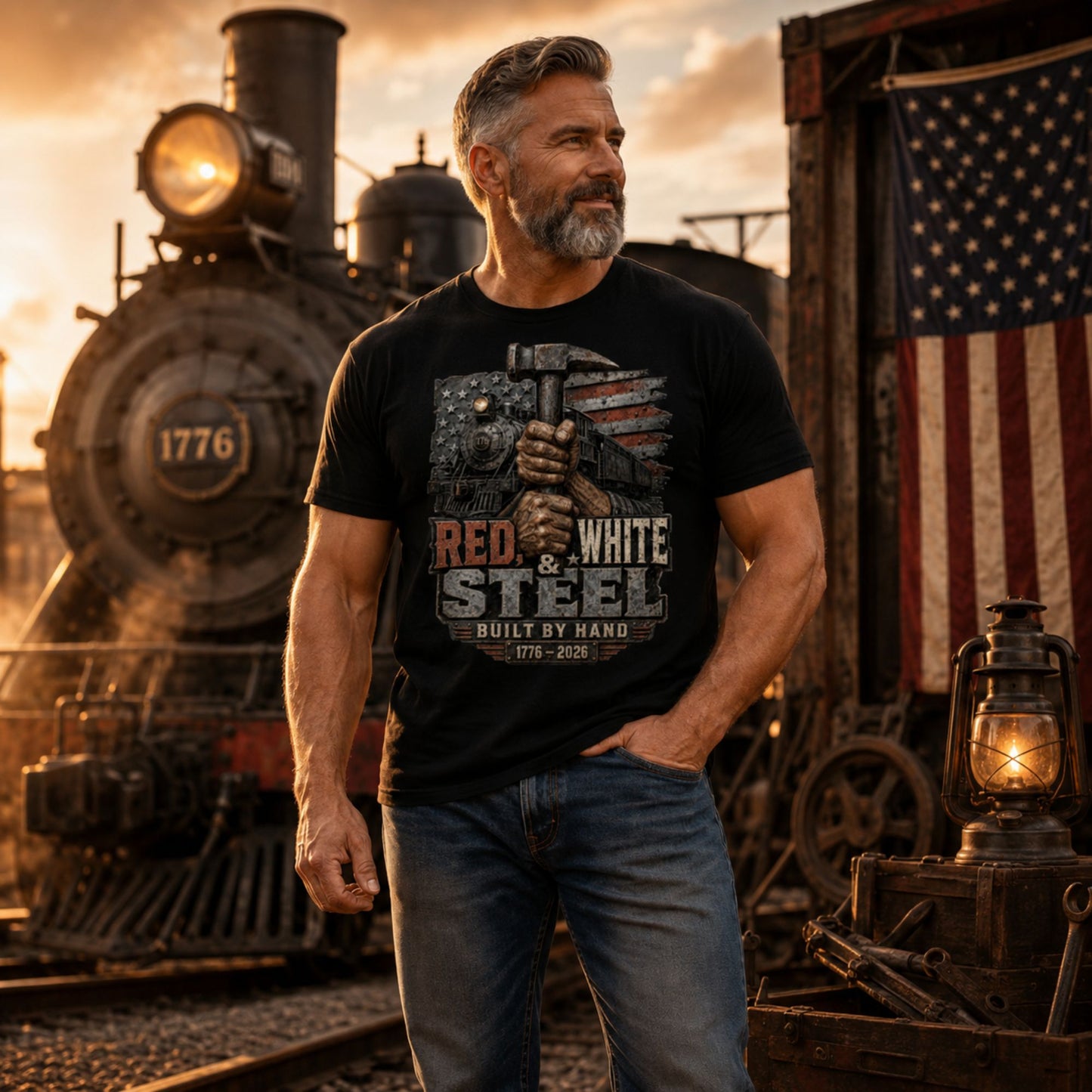 Man wearing a Black t-shirt featuring a gritty graphic of calloused hands gripping a sledgehammer vertically. Behind the hands is a 1776 steam locomotive and a distressed American flag. Industrial text below reads "RED, WHITE & STEEL", "BUILT BY HAND", and "1776 - 2026". in front of a steam locomotive.