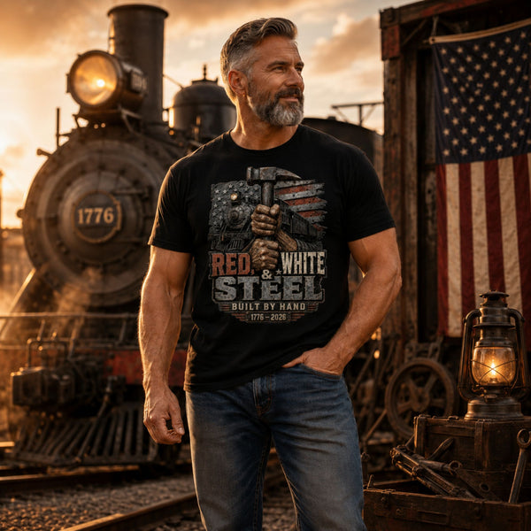 Man wearing a Black t-shirt featuring a gritty graphic of calloused hands gripping a sledgehammer vertically. Behind the hands is a 1776 steam locomotive and a distressed American flag. Industrial text below reads "RED, WHITE & STEEL", "BUILT BY HAND", and "1776 - 2026". in front of a steam locomotive.