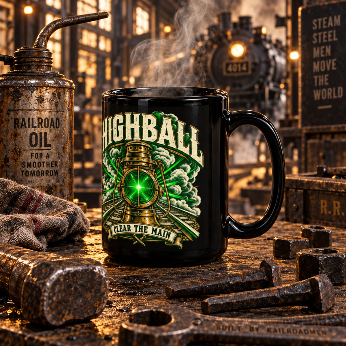A black ceramic mug with a vintage highball game graphic featuring a green glowing ball and the words 'HIGHBALL' and 'CLEAR THE MAIN', set on a rustic workbench with a steam train and oil can in the background.