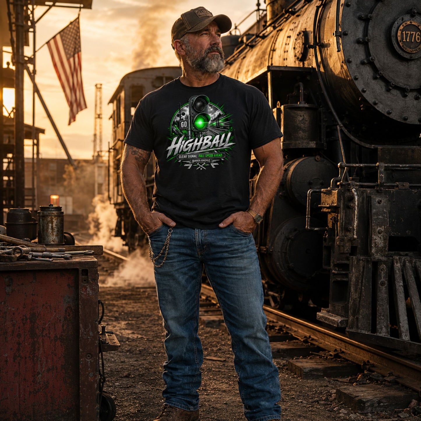 A man wearing a black graphic t-shirt with a green and white 'Highball' design, standing in a rustic train yard next to a steam locomotive at sunset.
