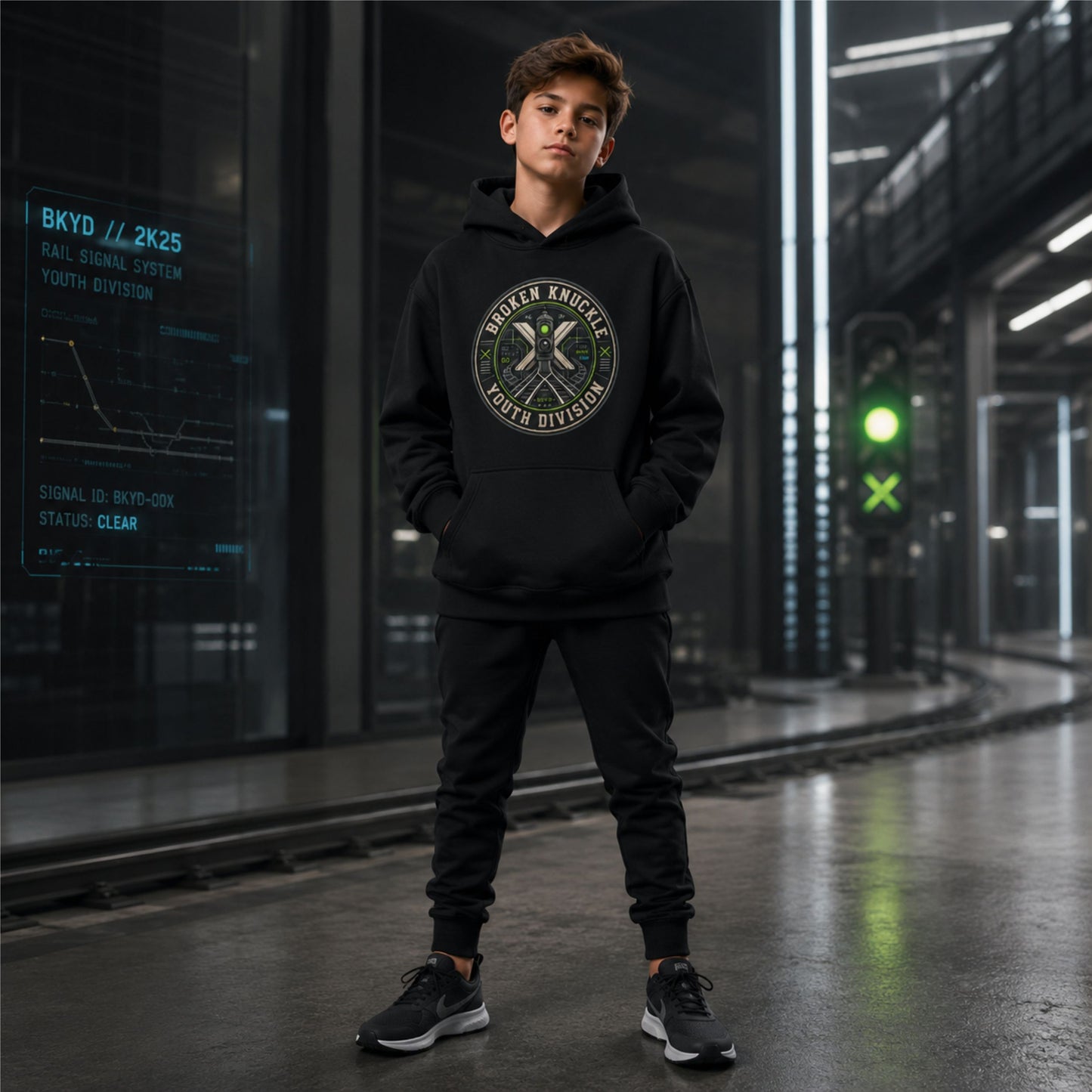 A young man wearing a A black pullover hoodie displayed on a plain white background, featuring a circular chest graphic with the text "Broken Knuckle Youth Division" wrapped around a technical design of a green railroad signal light, a crossing sign, and train tracks and matching black joggers stands in a futuristic industrial corridor.