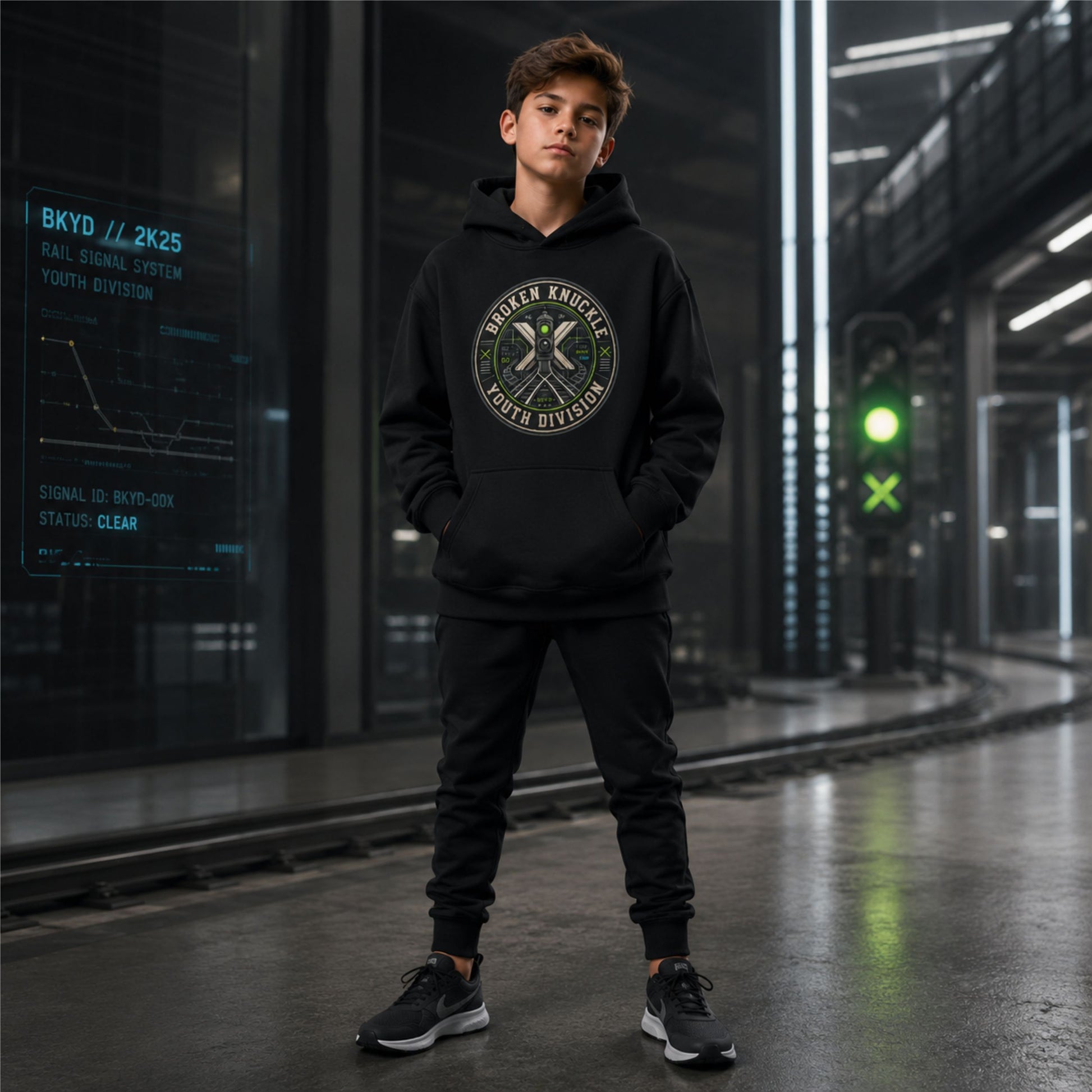 A young man wearing a A black pullover hoodie displayed on a plain white background, featuring a circular chest graphic with the text "Broken Knuckle Youth Division" wrapped around a technical design of a green railroad signal light, a crossing sign, and train tracks and matching black joggers stands in a futuristic industrial corridor.