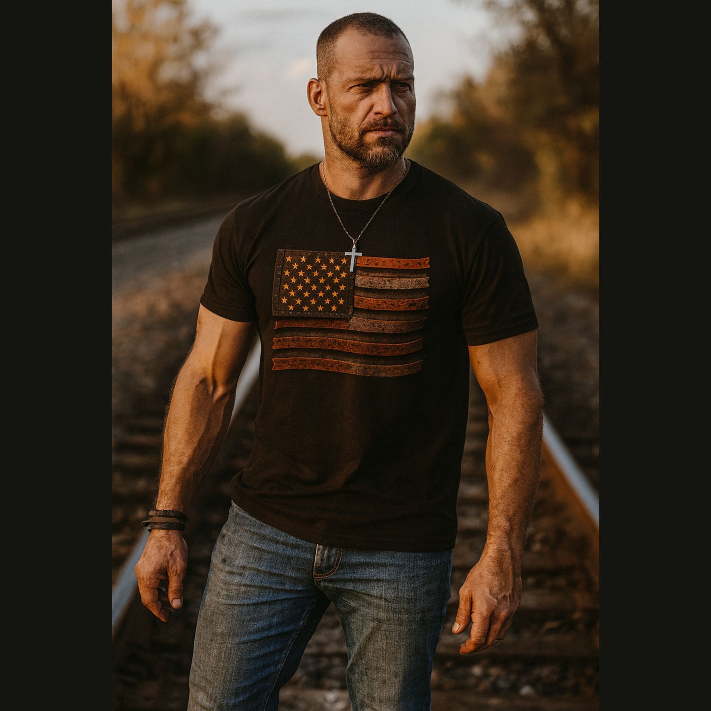 Rustic Steel American Flag T-Shirt – Patriotic Railroad Style