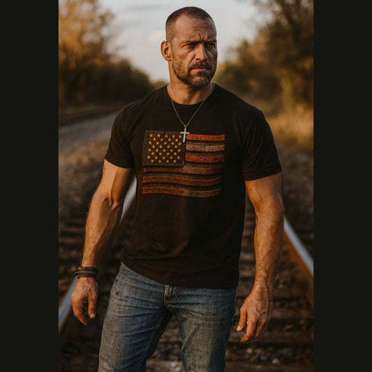 Rustic Steel American Flag T-Shirt – Patriotic Railroad Style
