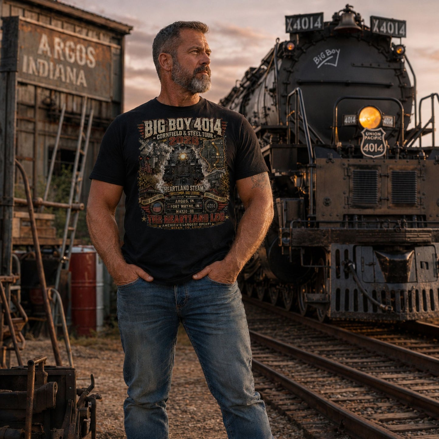 Man wearing a Black t-shirt featuring a highly detailed graphic of the Big Boy 4014 steam locomotive surrounded by cornfields, grain silos, and a steel bridge. Text reads "BIG BOY 4014", "CORNFIELD & STEEL TOUR 2026", "HEARTLAND STEAM", alongside banners for "COAST TO COAST TOUR" and "INDIANA RUN - 2026", plus a map and detailed roster of three Indiana tour stops: Argos, IN; Fort Wayne, IN; and Knox, IN above the text "THE HEARTLAND LEG".