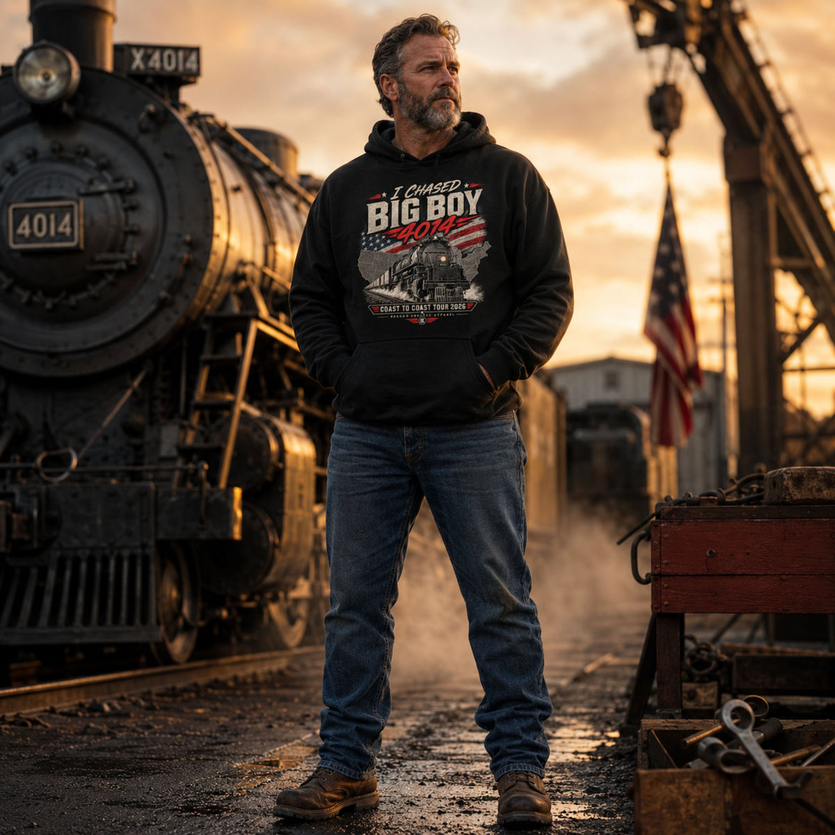 A man wearing a black graphic hoodie and blue jeans stands in a train yard at sunset, with a steam locomotive and industrial equipment in the background. The hoodie features a patriotic graphic with the text 'I Chased Big Boy 4014'.
