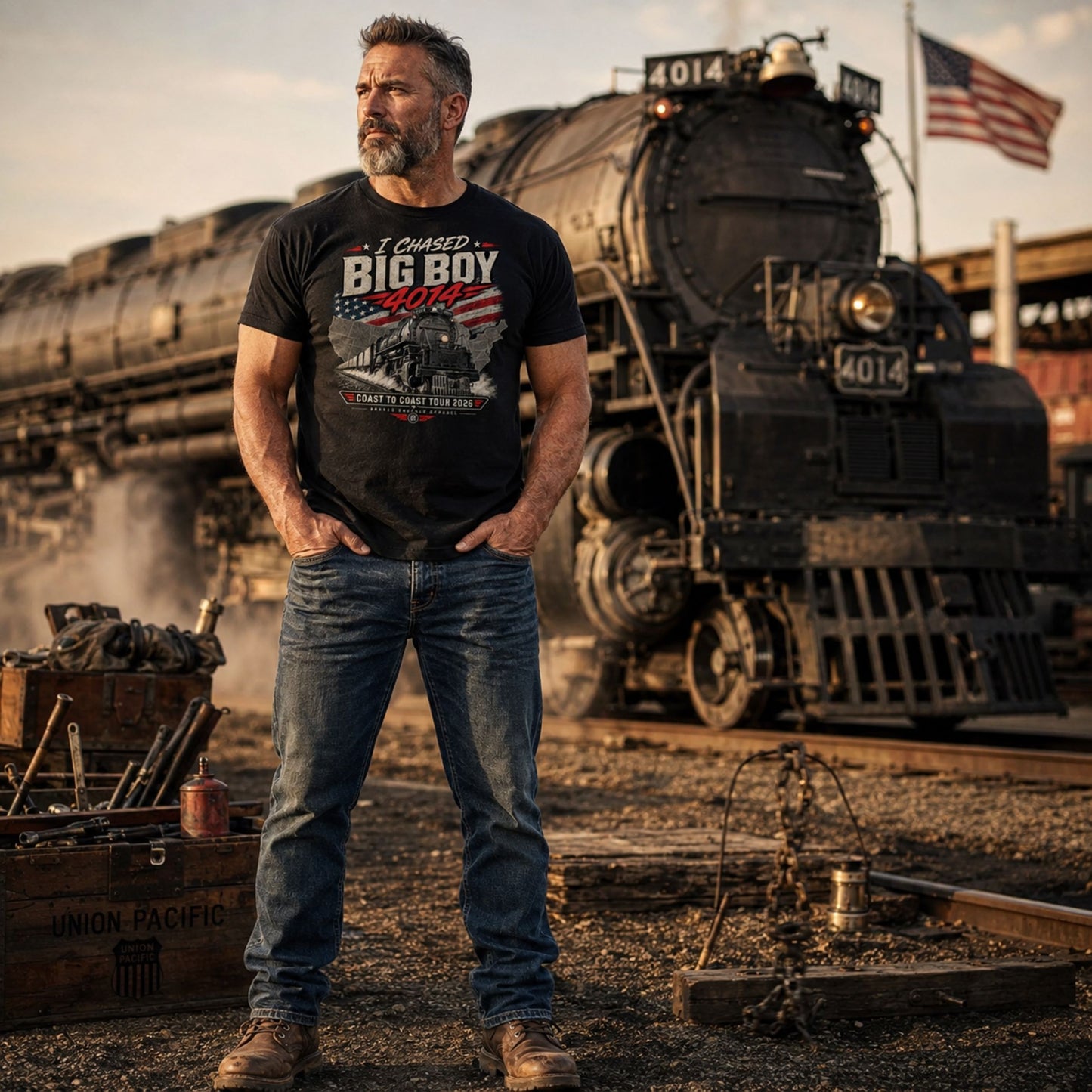 A man wearing a black graphic t-shirt and blue jeans stands in front of a large black steam locomotive at a rail yard. The t-shirt features a patriotic graphic with the text 'I Chased BIG BOY RUN' and an American flag motif.