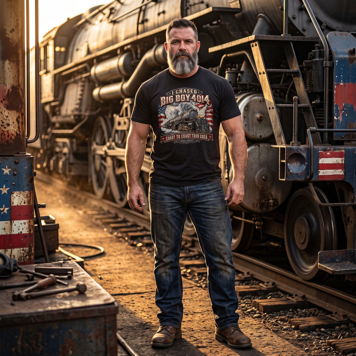 A bearded man wearing a Black classic t-shirt featuring a graphic of the Big Boy 4014 steam locomotive charging forward under a plume of smoke. The background features a distressed white USA map and waving American flags. Vintage text reads "I CHASED BIG BOY 4014" at the top and "COAST TO COAST TOUR 2026" on a red banner at the bottom above the Broken Knuckle Apparel logo.   