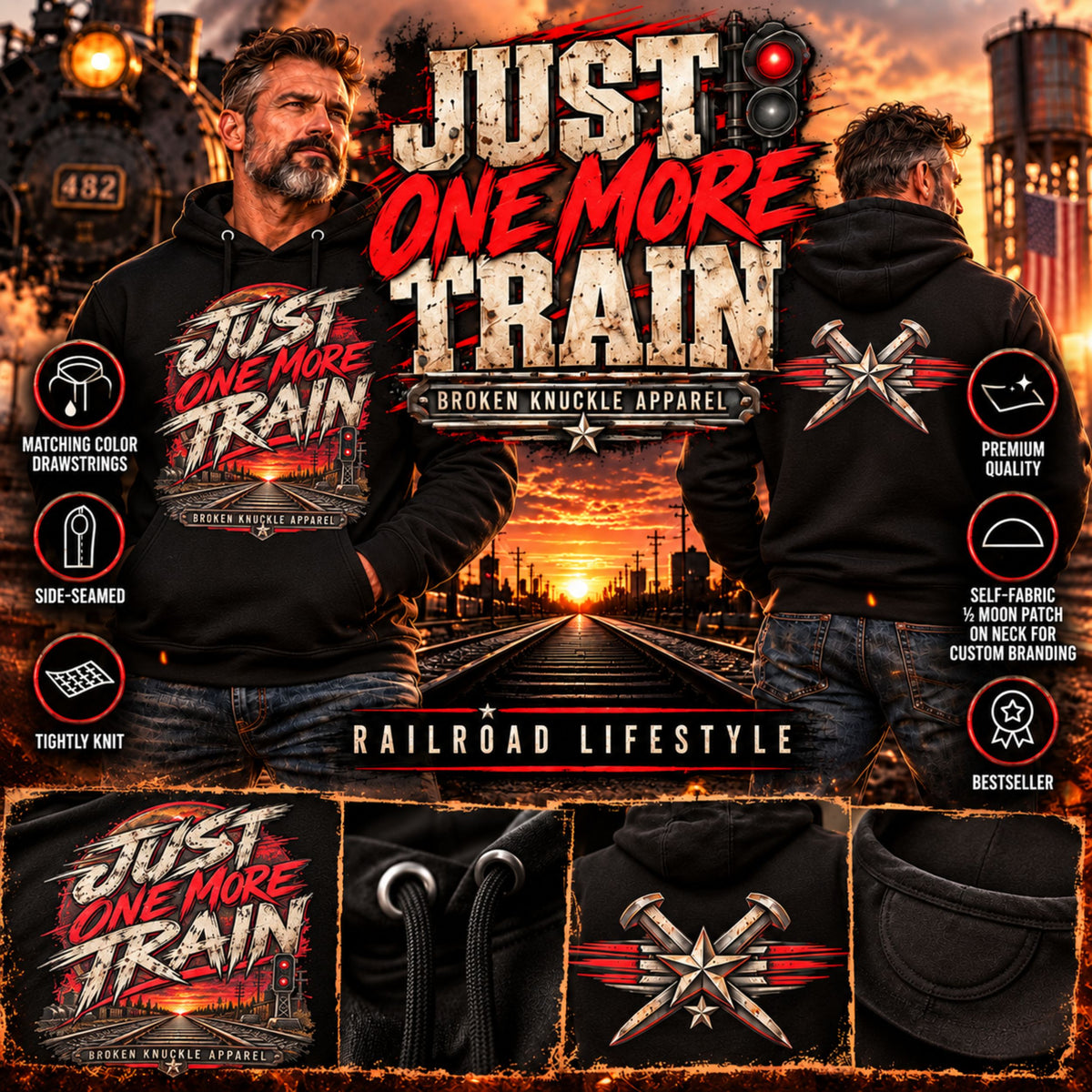 Just One More Train premium railroad hoodie lifestyle showcase with front vintage railroad sunset graphic, crossed-spikes back design and product details