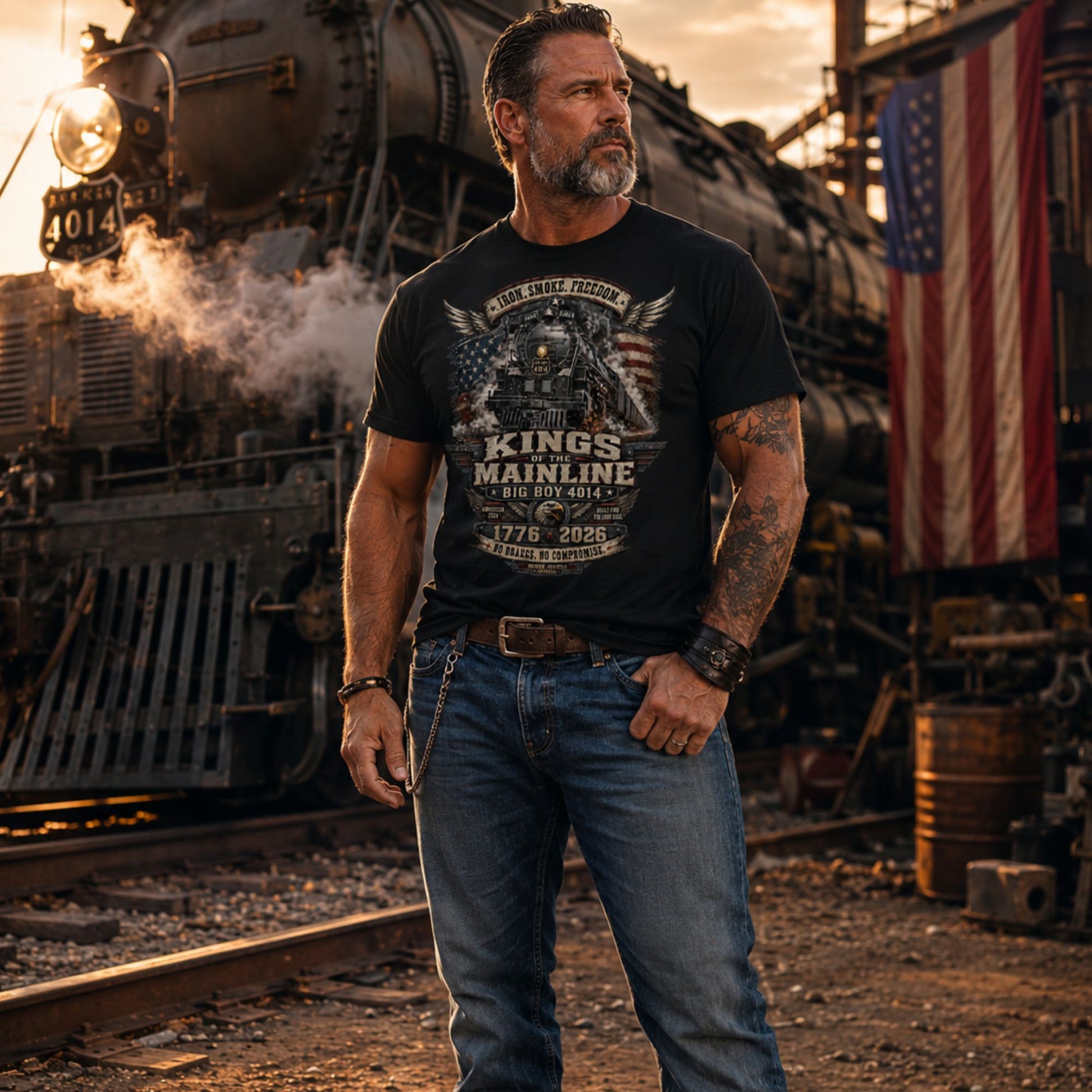Man wearing a Black t-shirt featuring a highly detailed patriotic graphic. The Big Boy 4014 steam locomotive is centered against a distressed American flag and wings. A banner at the top reads "IRON. SMOKE. FREEDOM." Large text reads "KINGS OF THE MAINLINE" and "BIG BOY 4014". Below is a bald eagle head between badges reading "AMERICAN IRON" and "BUILT FOR THE LONG HAUL". The bottom features "1776 - 2026", "NO BRAKES. NO COMPROMISE.", and "BROKEN KNUCKLE APPAREL".