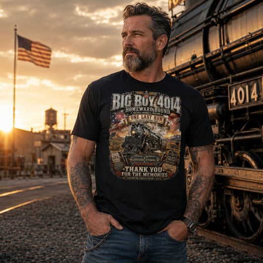 A man wearing a black graphic t-shirt stands in front of a vintage steam locomotive at sunset. The t-shirt features a detailed graphic with the text 'BIG BOY 4014 HOMEWARDBOUND ONE LAST RUN THANK YOU FOR THE MEMORIES' and an illustration of a steam train.