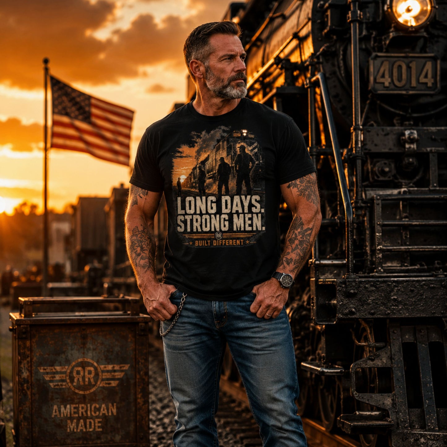 Man wearing a Black t-shirt featuring a sunset graphic of a modern locomotive and silhouettes of a railroad crew standing on the tracks, with text reading "LONG DAYS. STRONG MEN." and "BUILT DIFFERENT" at the bottom.
