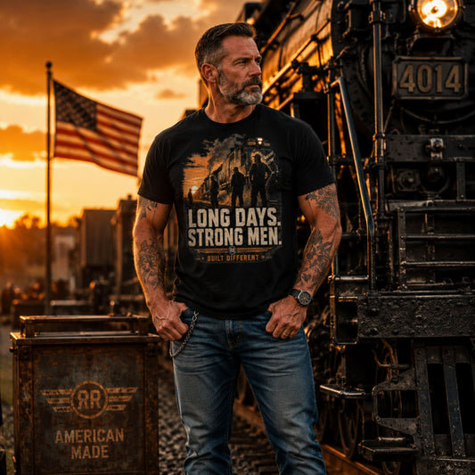 Man wearing a Black t-shirt featuring a sunset graphic of a modern locomotive and silhouettes of a railroad crew standing on the tracks, with text reading "LONG DAYS. STRONG MEN." and "BUILT DIFFERENT" at the bottom.