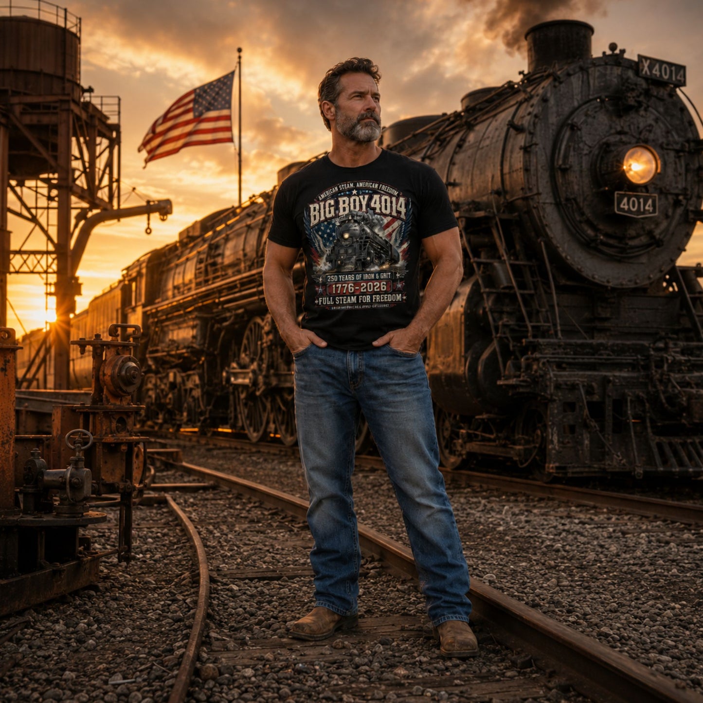 Man wearing a Black t-shirt featuring a highly detailed patriotic graphic. The Big Boy 4014 steam locomotive is centered against a distressed American flag and eagle wings. Text reads "AMERICAN STEAM. AMERICAN FREEDOM.", "BIG BOY 4014", "250 YEARS OF IRON & GRIT", "1776 - 2026", "FULL STEAM FOR FREEDOM", and "BROKEN KNUCKLE RAIL DIVISION".