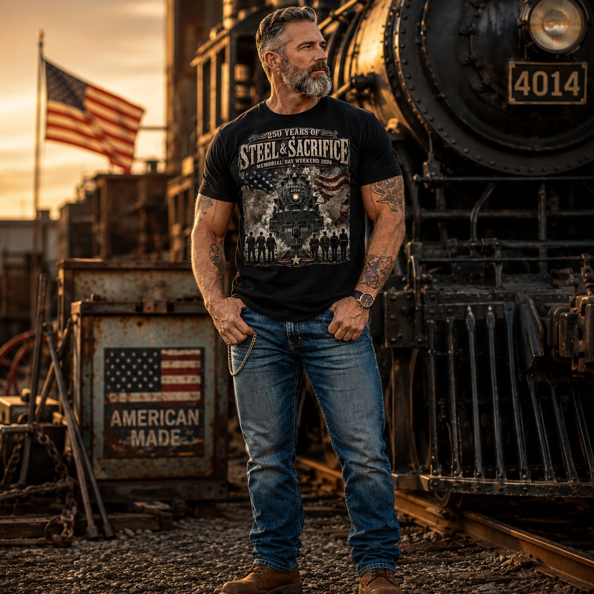 Man wearing a t-shirt with a graphic design standing in front of a steam locomotive with American flags in the background.