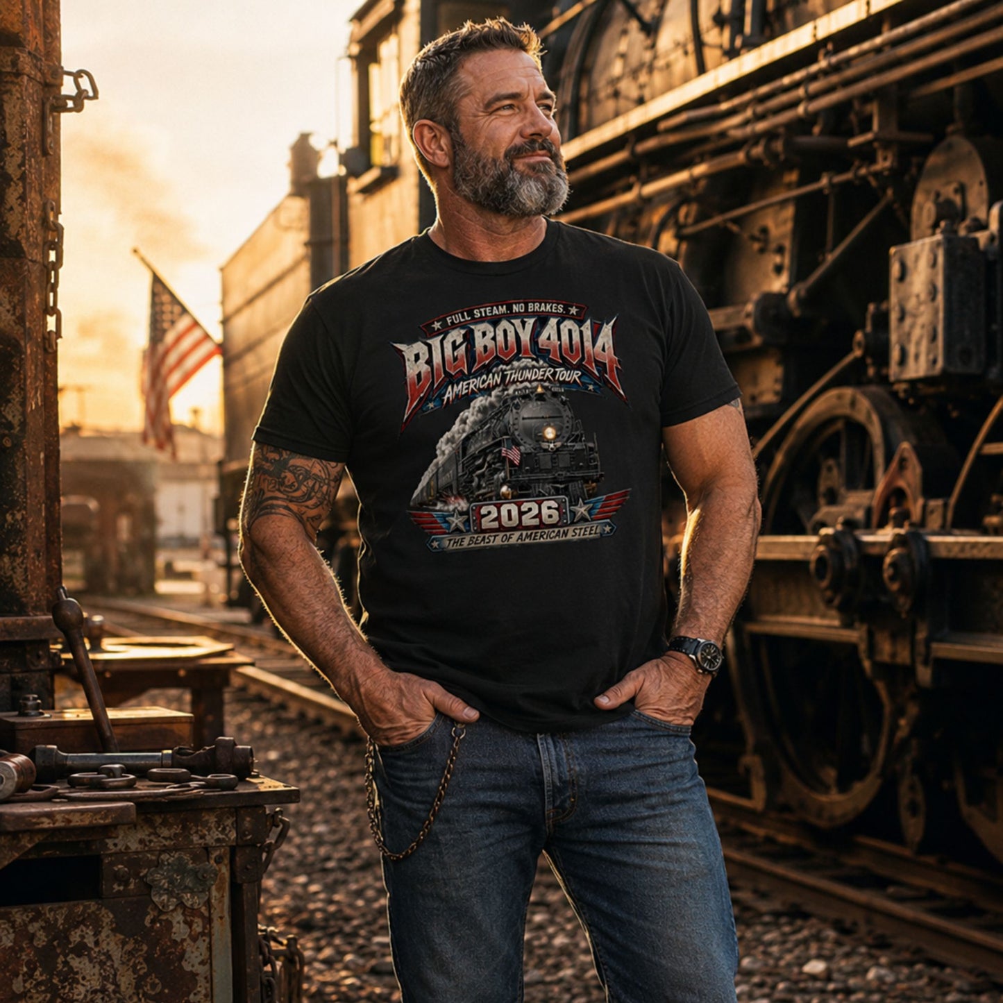 Man wearing a Black t-shirt featuring a dynamic graphic of the Big Boy 4014 steam locomotive charging forward with billowing smoke and a small American flag on the front. Bold, aggressive text reads "FULL STEAM. NO BRAKES.", "BIG BOY 4014", "AMERICAN THUNDER TOUR", "2026", and "THE BEAST OF AMERICAN STEEL" in red, white, and blue patriotic styling. standing in front of a steam locomotive.