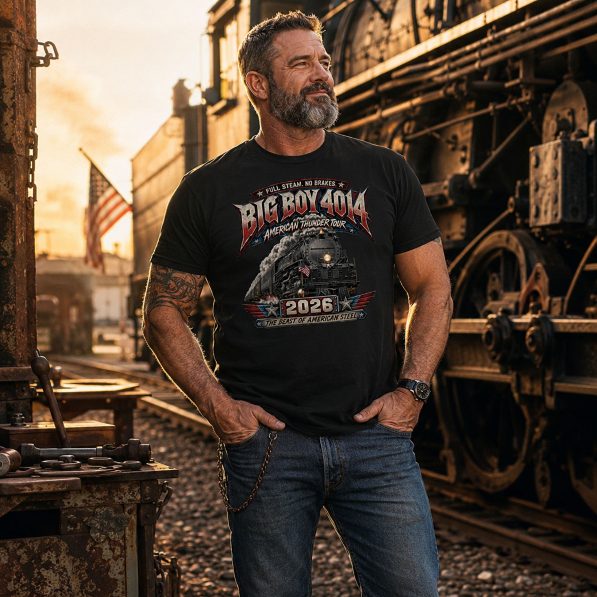 Man wearing a Black t-shirt featuring a dynamic graphic of the Big Boy 4014 steam locomotive charging forward with billowing smoke and a small American flag on the front. Bold, aggressive text reads "FULL STEAM. NO BRAKES.", "BIG BOY 4014", "AMERICAN THUNDER TOUR", "2026", and "THE BEAST OF AMERICAN STEEL" in red, white, and blue patriotic styling. standing in front of a steam locomotive.