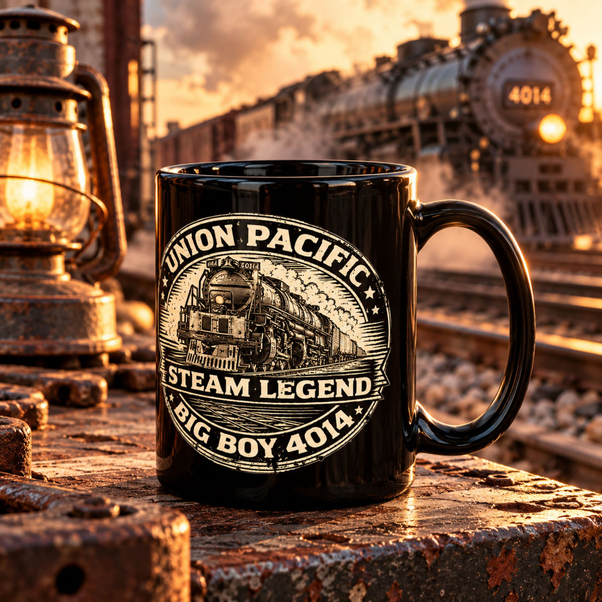 A black ceramic mug with a vintage Union Pacific steam locomotive graphic sits on a rusty metal surface with a warm, golden-lit background of a train on tracks.