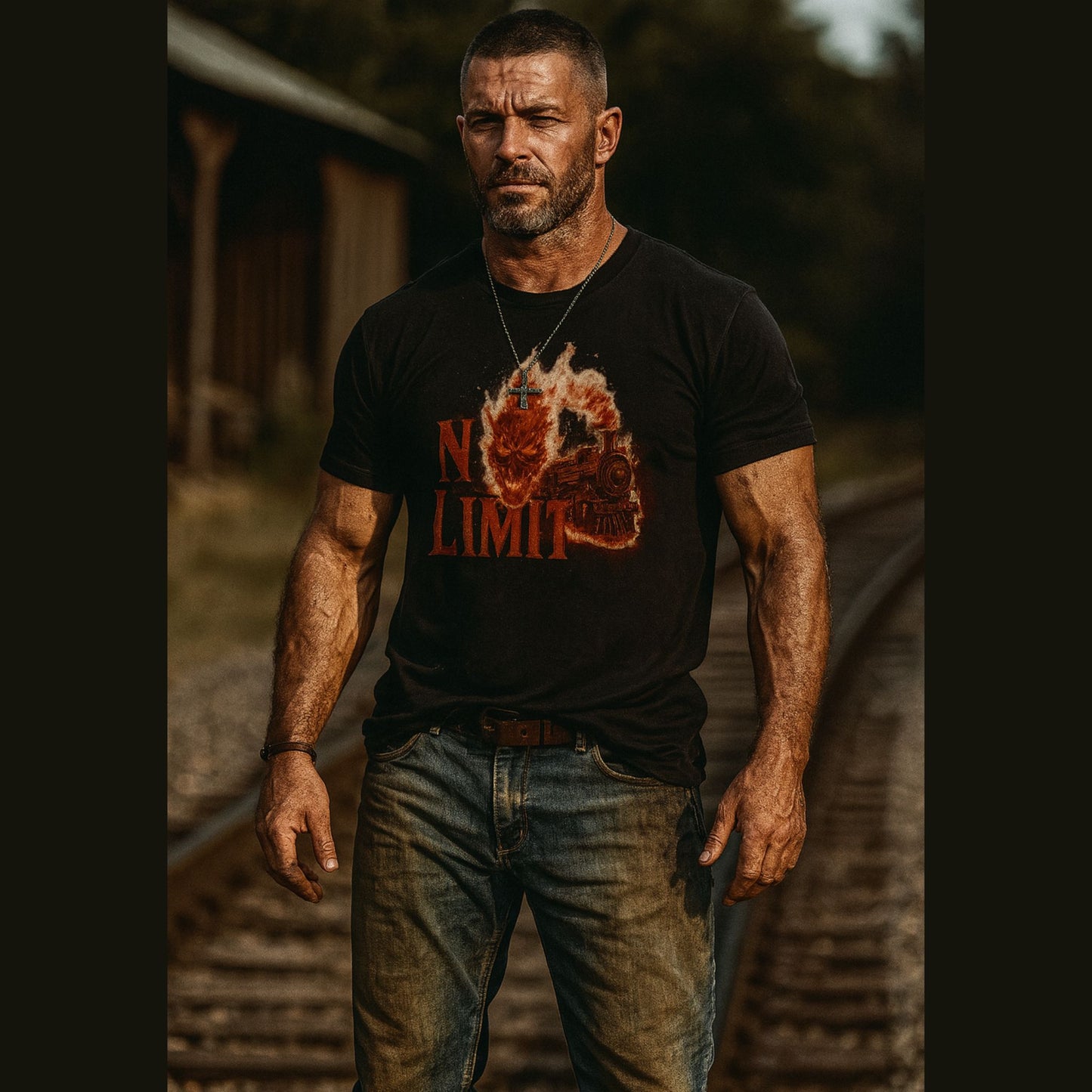 Man wearing a black t-shirt with 'No Limit' graphic standing on a rustic background