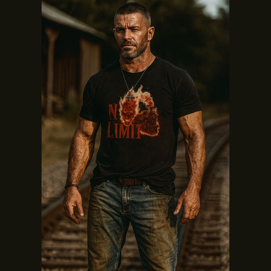 Man wearing a black t-shirt with 'No Limit' graphic standing on a rustic background