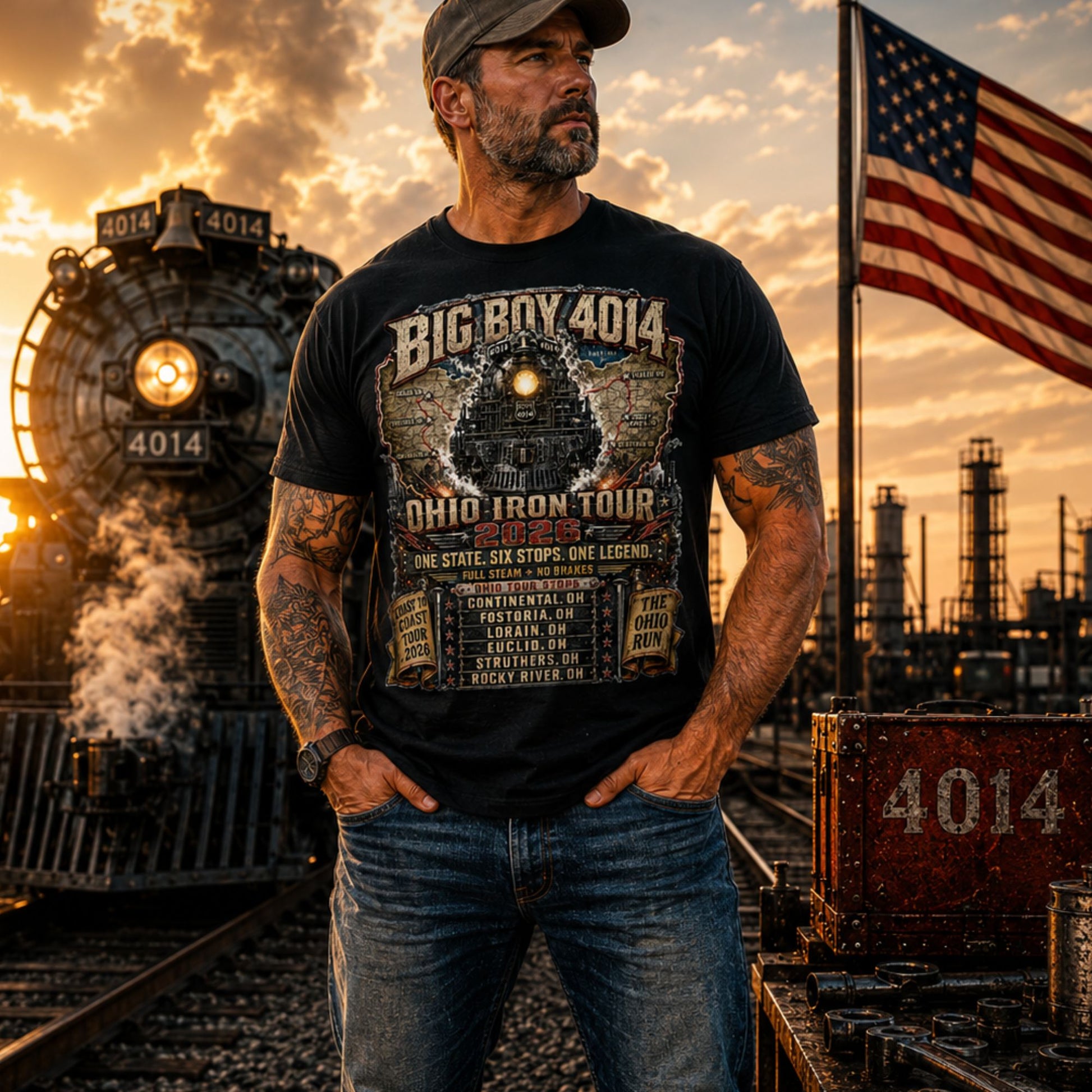 Man wearing a Black t-shirt featuring a highly detailed graphic of the Big Boy 4014 steam locomotive backed by a map of Ohio. Text reads "BIG BOY 4014", "OHIO IRON TOUR 2026", "ONE STATE. SIX STOPS. ONE LEGEND.", alongside banners for "COAST TO COAST TOUR 2026" and "THE OHIO RUN", plus a detailed roster of six Ohio tour stops.