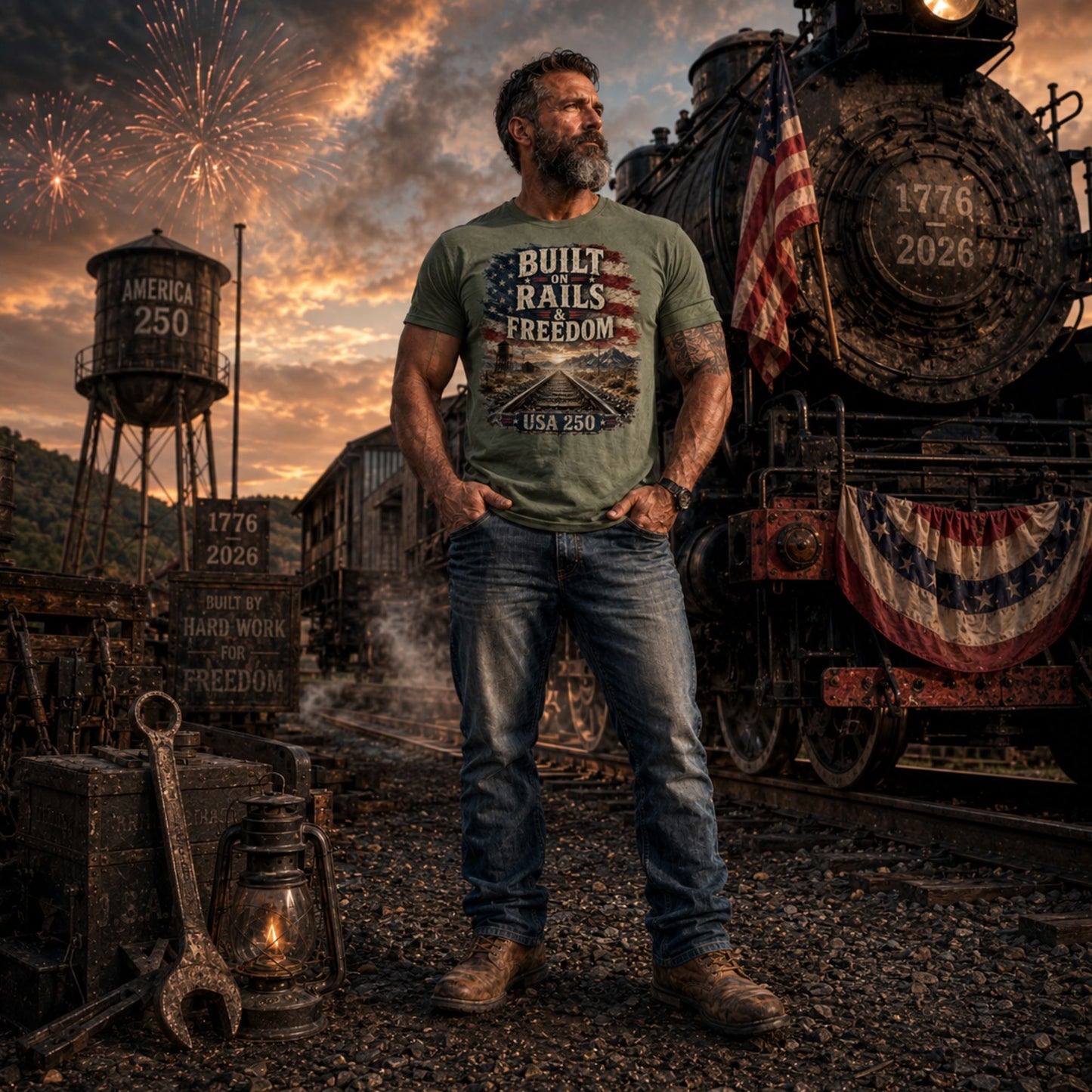 Man standing in front of a steam locomotive with fireworks in the background wearing an Army green t-shirt featuring a distressed American flag graphic at the top with text reading "BUILT ON RAILS & FREEDOM". Below the text is a landscape illustration of railroad tracks leading toward mountains and a sunset, with a trackside water tower on the left. A banner at the bottom reads "USA 250".