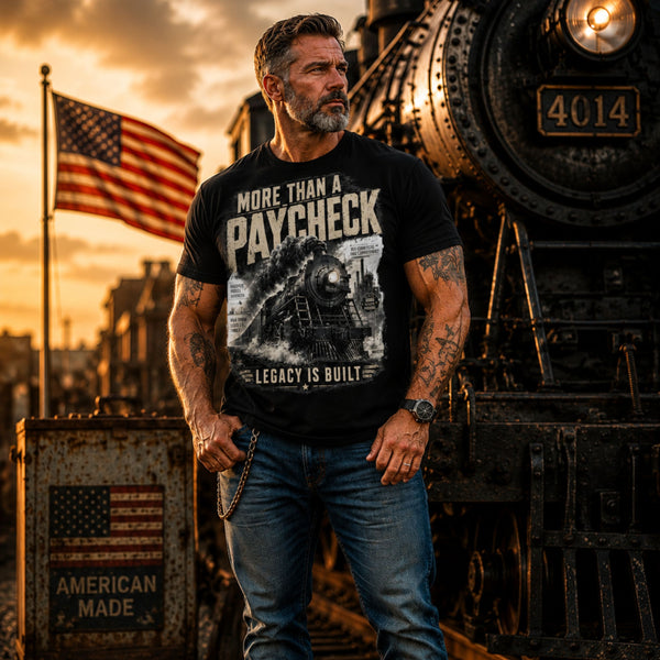 Man wearing a Black t-shirt featuring a gritty, vintage graphic of a steam locomotive with bold text reading "MORE THAN A PAYCHECK" and "LEGACY IS BUILT", accompanied by smaller text reading "SACRIFICE BUILDS STRENGTH", "HARD WORK LEAVES A MARK", and "NO SHORTCUTS ONLY COMMITMENT".