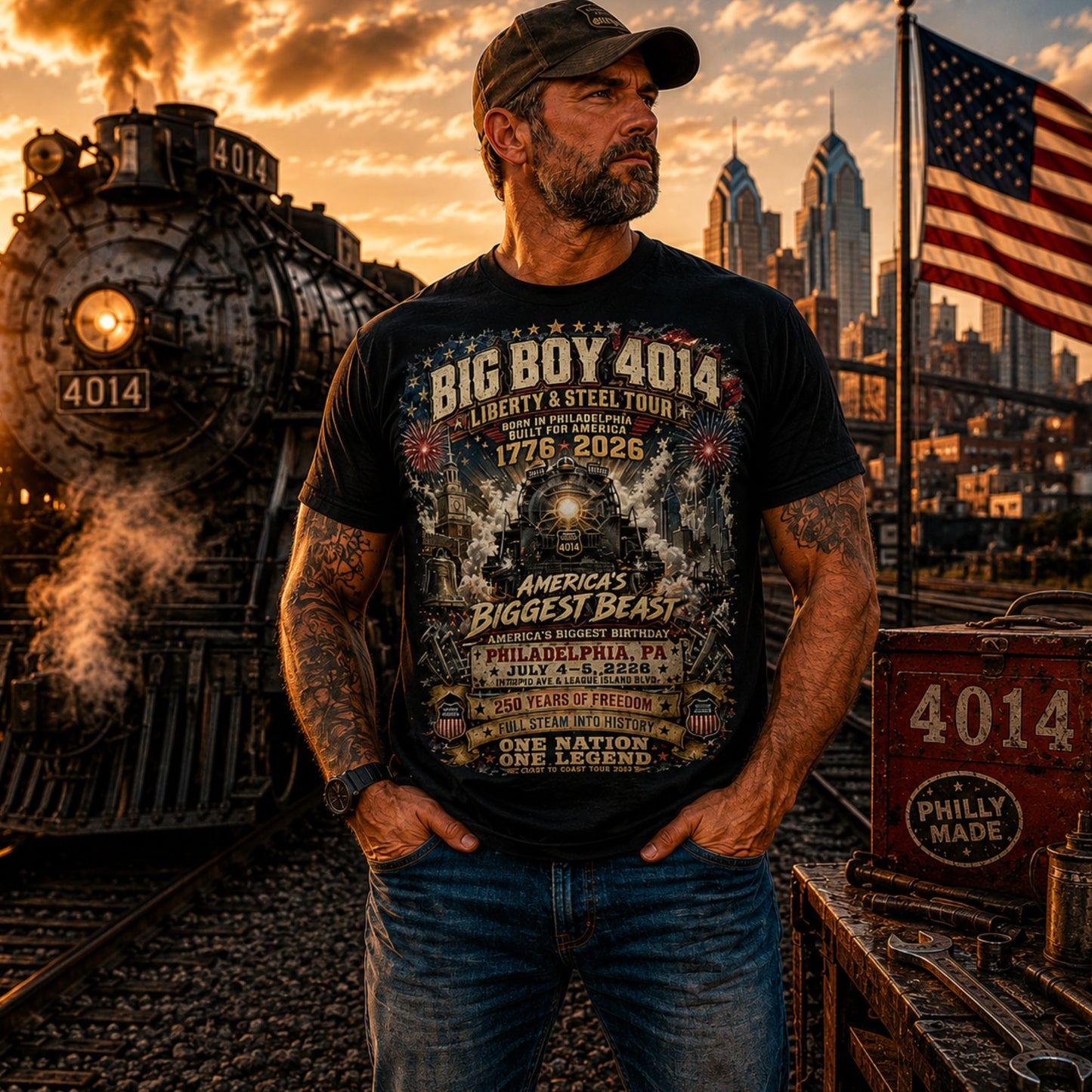 Man wearing a Black t-shirt featuring a highly detailed graphic of the Big Boy 4014 steam locomotive, Liberty Bell, Independence Hall, and Philadelphia skyline with fireworks. Text reads "BIG BOY 4014", "LIBERTY & STEEL TOUR", "BORN IN PHILADELPHIA BUILT FOR AMERICA", "1776 - 2026", "AMERICA'S BIGGEST BEAST", "AMERICA'S BIGGEST BIRTHDAY", "PHILADELPHIA, PA JULY 4-5, 2026", "250 YEARS OF FREEDOM", "FULL STEAM INTO HISTORY", and "ONE NATION. ONE LEGEND."