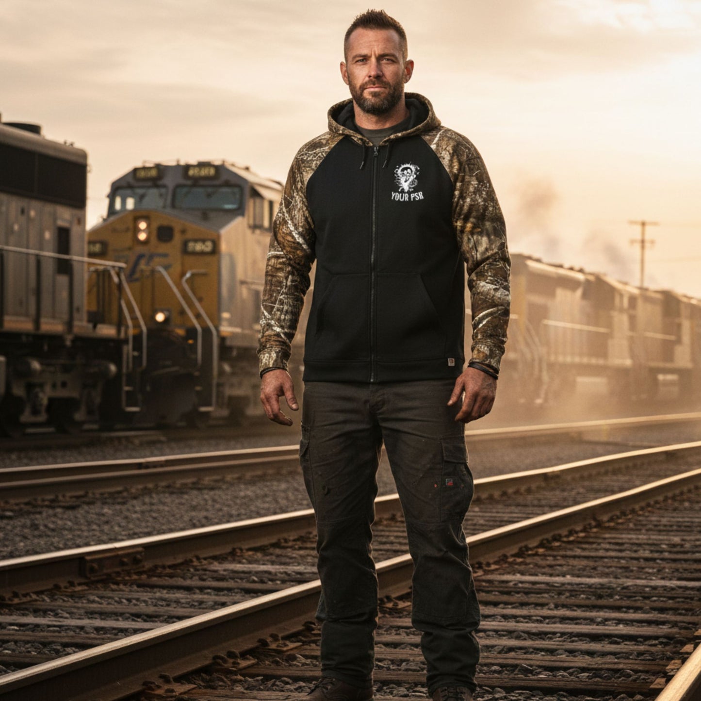 Man wearing a black and camouflage hoodie with a logo, standing on train tracks with trains in the background.