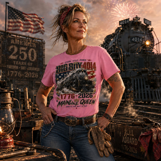 A woman stands in a steam-themed industrial setting wearing a pink Pink women's ribbed neck t-shirt featuring a stylized graphic of the Big Boy 4014 steam locomotive against a distressed American flag. The design includes gold stars, a crown, and text reading "STEAM. STYLE. POWER.", "BIG BOY 4014", "1776 - 2026", "MAINLINE QUEEN", and "BORN TO LEAD. BUILT TO SLAY." The background includes a steam locomotive, an American flag, and fireworks at sunset.