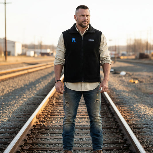 Man standing on train tracks wearing a black vest with a logo and a white shirt.