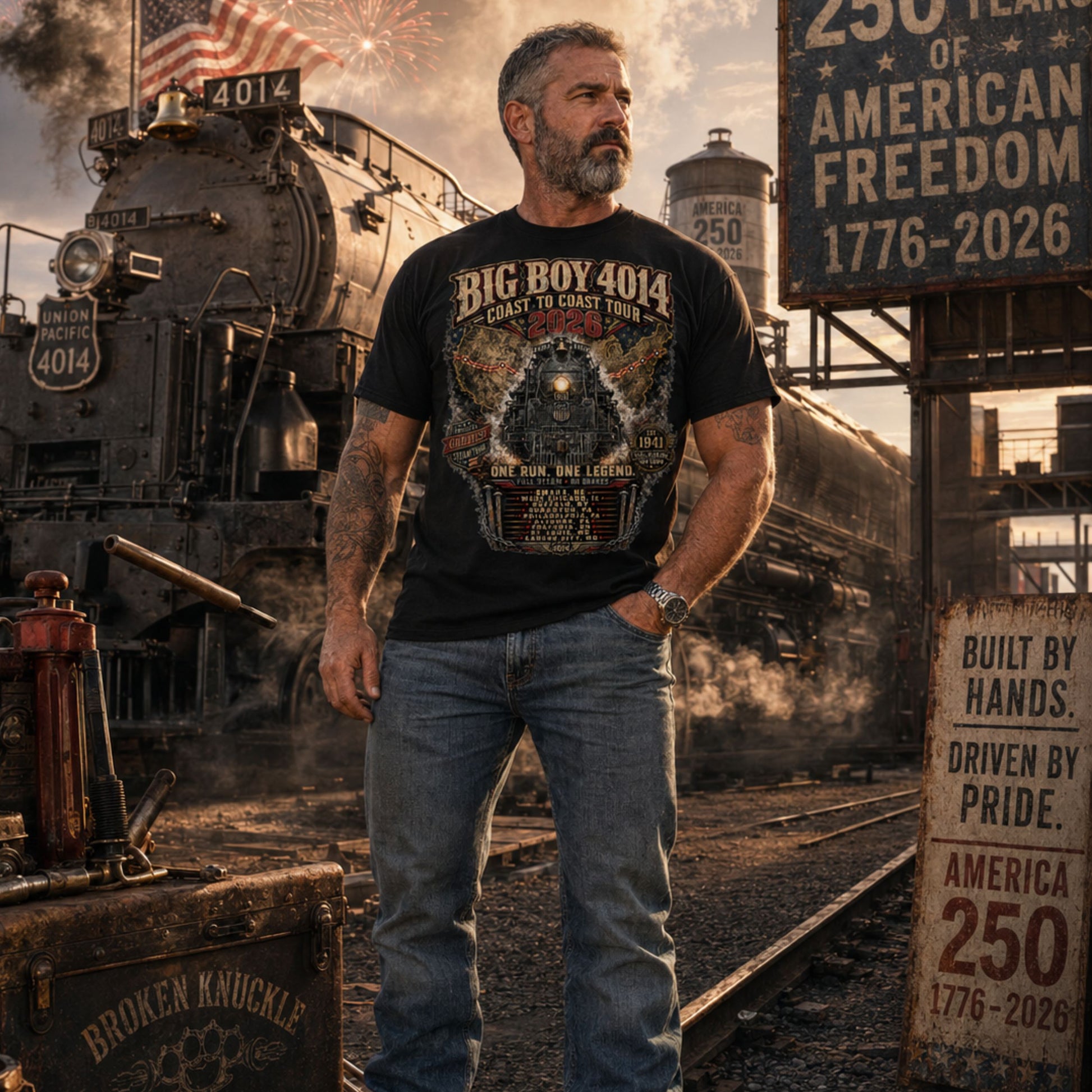 Man wearing a t-shirt with a Black t-shirt featuring a highly detailed, industrial graphic of the Big Boy 4014 steam locomotive backed by a US map, with text reading "BIG BOY 4014 COAST TO COAST TOUR 2026", "ONE RUN. ONE LEGEND.", and a roster of tour stops from Omaha to Kansas City surrounded by metal spikes and chains.