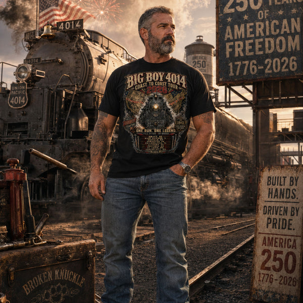 Man wearing a t-shirt with a Black t-shirt featuring a highly detailed, industrial graphic of the Big Boy 4014 steam locomotive backed by a US map, with text reading "BIG BOY 4014 COAST TO COAST TOUR 2026", "ONE RUN. ONE LEGEND.", and a roster of tour stops from Omaha to Kansas City surrounded by metal spikes and chains.