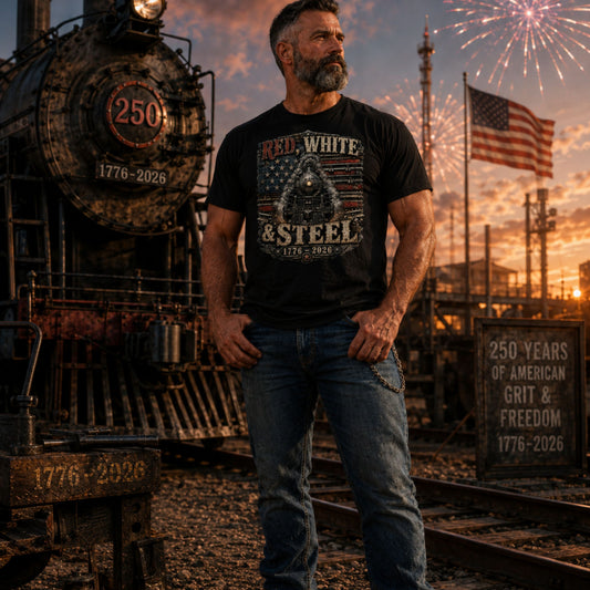 Man standing in front of a vintage train with fireworks and American flag in the background wearing a Black t-shirt featuring a gritty graphic of a 1776 steam locomotive emerging from an industrial, metal-plated American flag, with distressed vintage text reading "RED, WHITE" at the top, "& STEEL" in the middle, and "1776 - 2026" at the bottom.