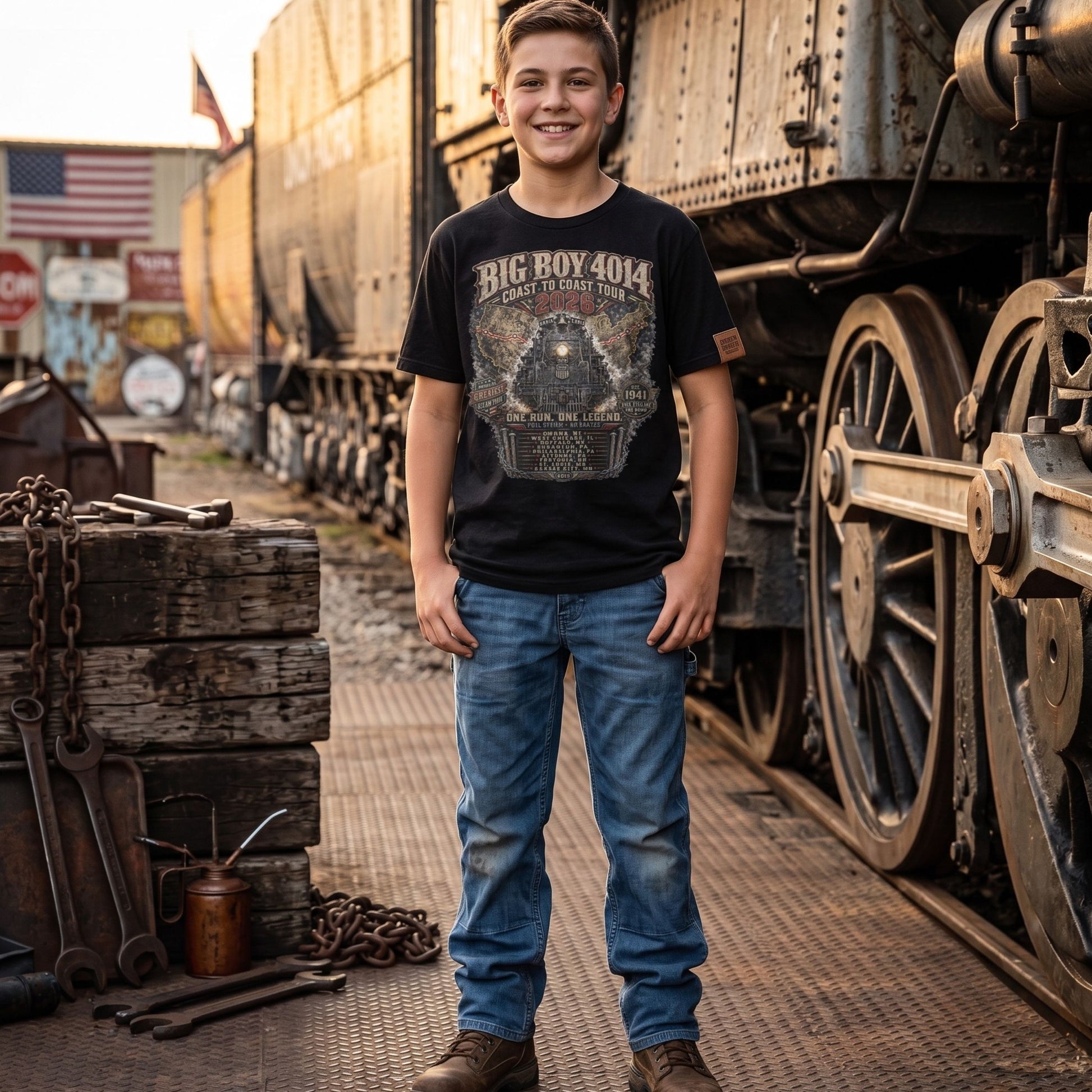A boy wearing a Youth black t-shirt featuring a highly detailed vintage graphic of the Big Boy 4014 steam locomotive facing forward. Behind the train is a map of the United States showing the 2026 tour route. Text reads "BIG BOY 4014", "COAST TO COAST TOUR 2026", "ONE RUN. ONE LEGEND.", and "FULL STEAM - NO BRAKES". The graphic includes badges for "America's Greatest Steam Tour" and "Est 1941", along with a roster of the nine tour stops.