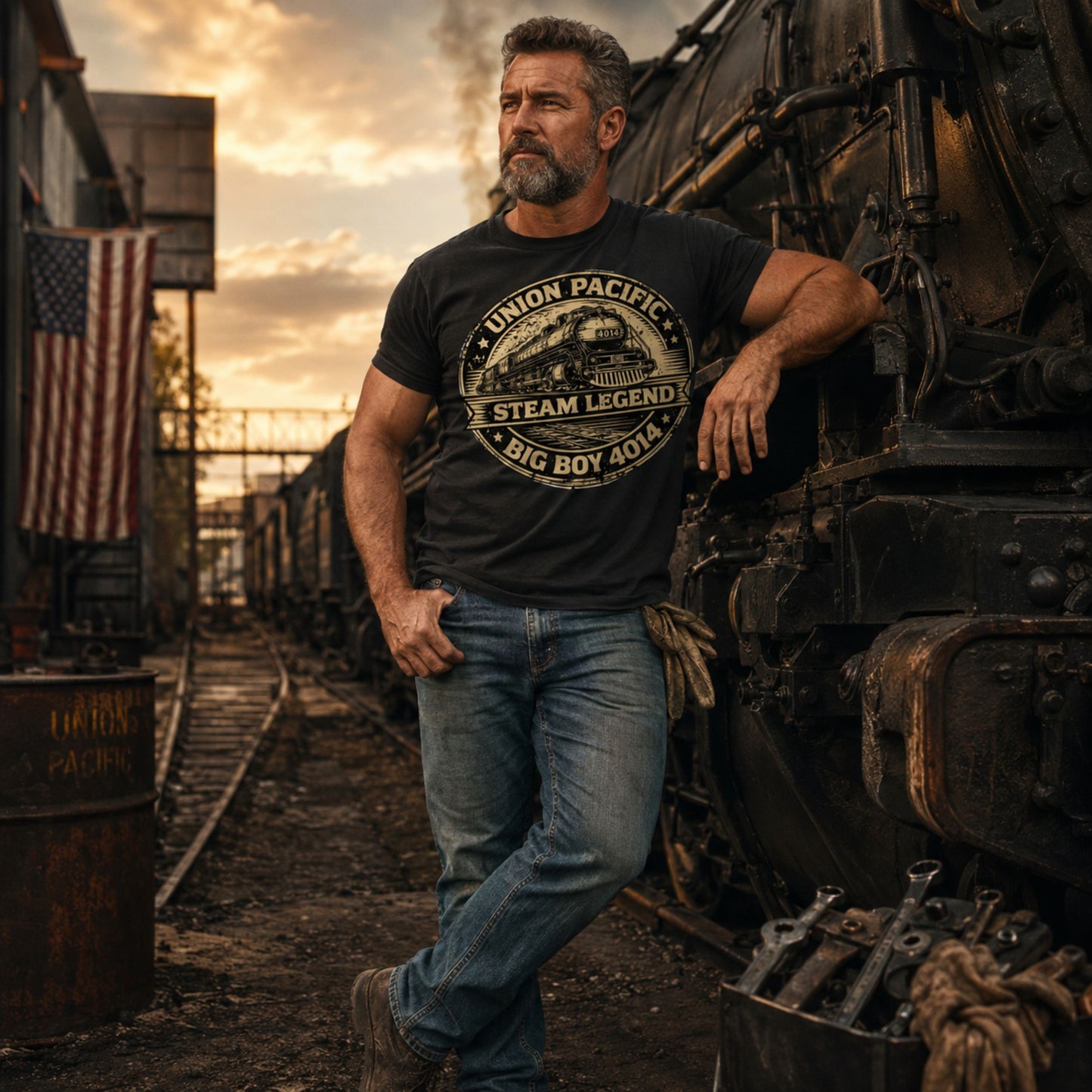A man with a beard leans against a vintage steam locomotive in a train yard at sunset, wearing a black graphic t-shirt with a distressed Union Pacific 'Steam Legend Big Boy 401' logo and blue jeans.