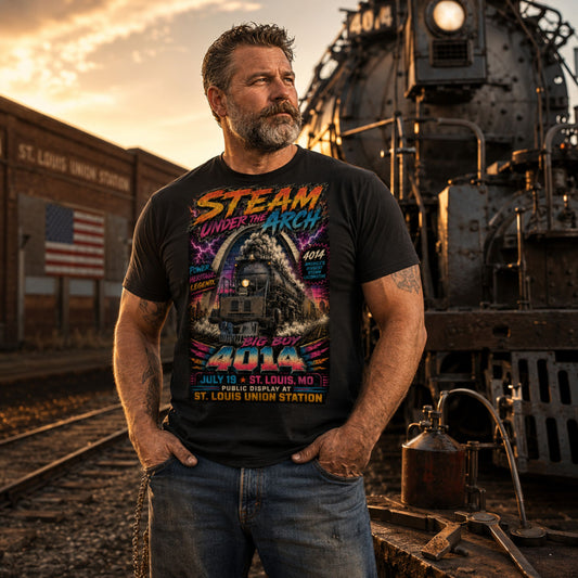 A bearded man wearing a Black t-shirt featuring a bright, 1980s retro-neon graphic. The Big Boy 4014 steam locomotive is charging forward under the St. Louis Gateway Arch with electric pink lightning in the background. Bold neon text reads "STEAM UNDER THE ARCH", "BIG BOY 4014", "JULY 19 - ST. LOUIS, MO", and "PUBLIC and blue jeans stands in front of a vintage steam locomotive at sunset. The t-shirt features a colorful retro poster-style graphic with the text 'STEAM UNDER THE ARCH' and 'BIG BUCK ARKA 2026'.