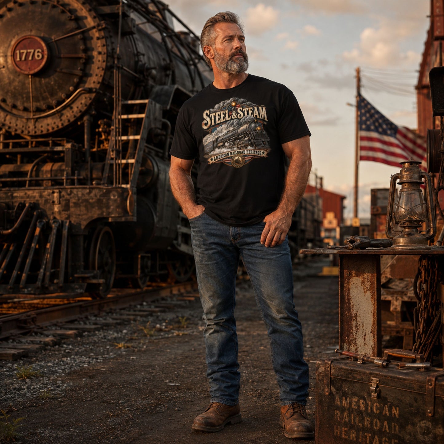 A man wearing a black graphic t-shirt with 'STEEL&STEAM' and 'Pleasant Hill, MN' printed on the front, standing in an industrial outdoor setting with a vintage steam locomotive and an American flag in the background.