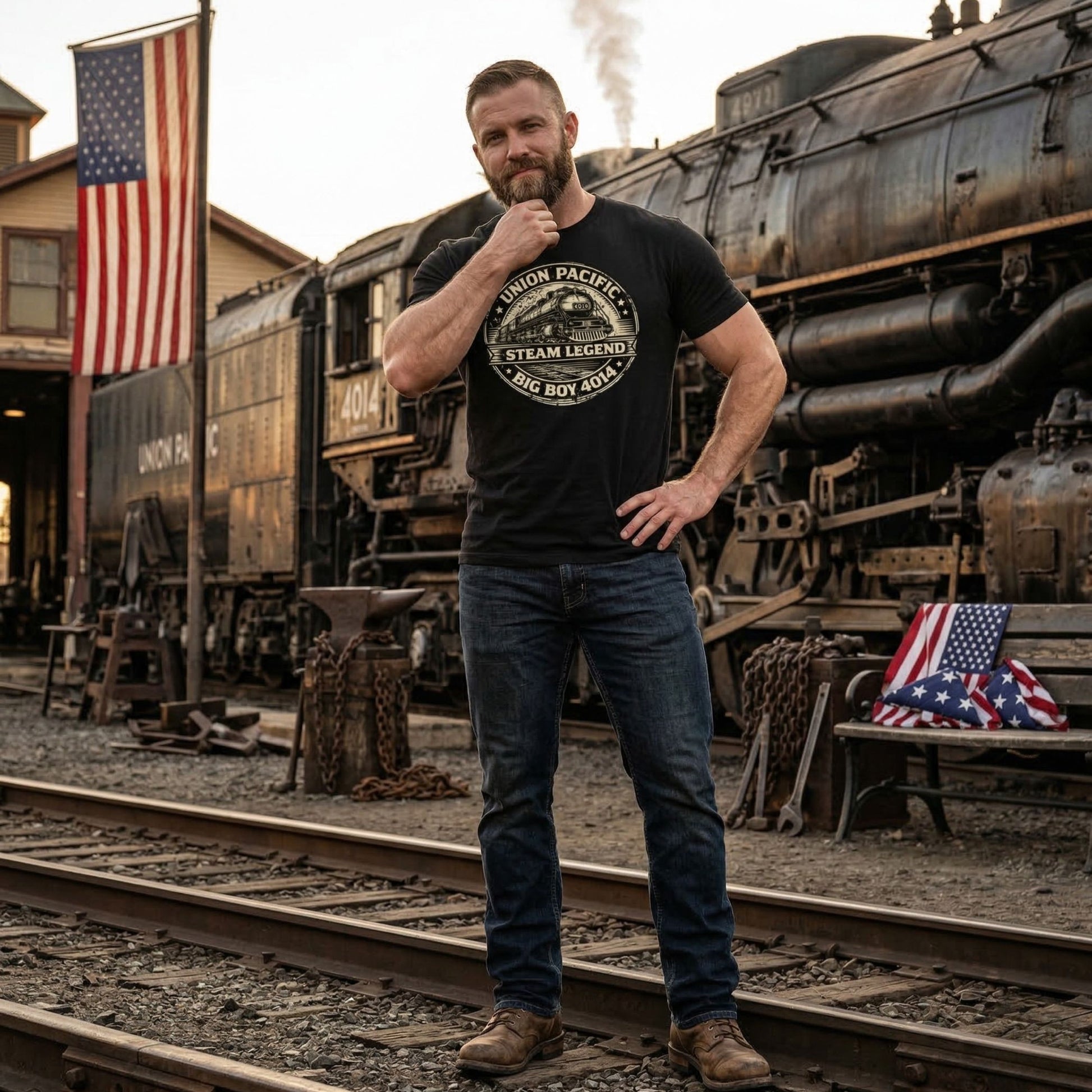 Man standing on train tracks with a steam locomotive and American flags in the background